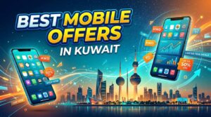 Promotional banner featuring two smartphones over the Kuwait skyline, advertising the best mobile offers in Kuwait with up to 50% off
