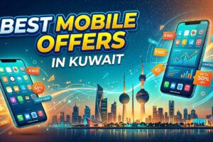 ​Promotional banner featuring two smartphones over the Kuwait skyline, advertising the best mobile offers in Kuwait with up to 50% off