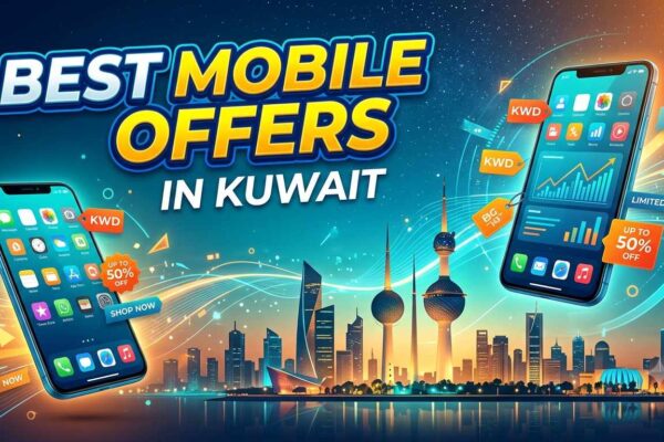 ​Promotional banner featuring two smartphones over the Kuwait skyline, advertising the best mobile offers in Kuwait with up to 50% off