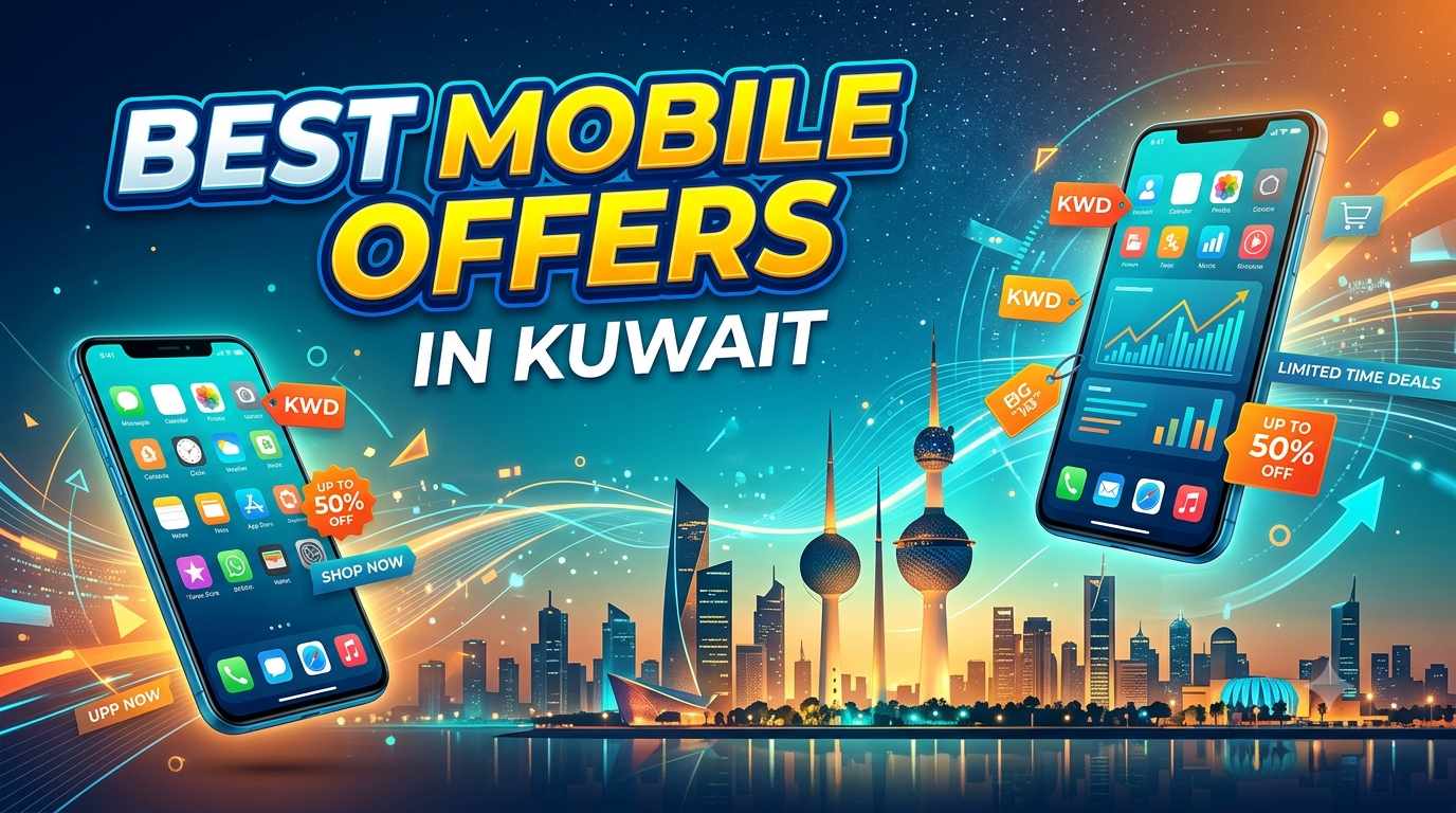 ​Promotional banner featuring two smartphones over the Kuwait skyline, advertising the best mobile offers in Kuwait with up to 50% off