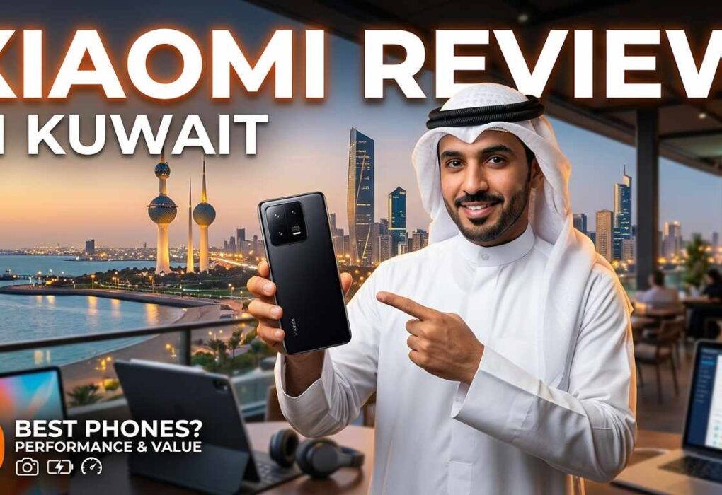 An Arab man holding a black smartphone on a balcony overlooking Kuwait City, featured in a Xiaomi Review in Kuwait banner
