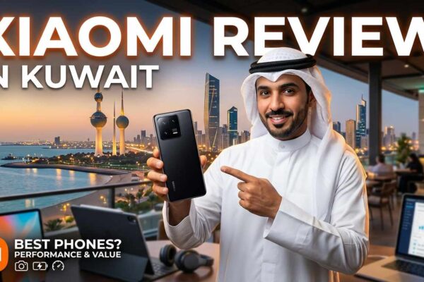 An Arab man holding a black smartphone on a balcony overlooking Kuwait City, featured in a Xiaomi Review in Kuwait banner