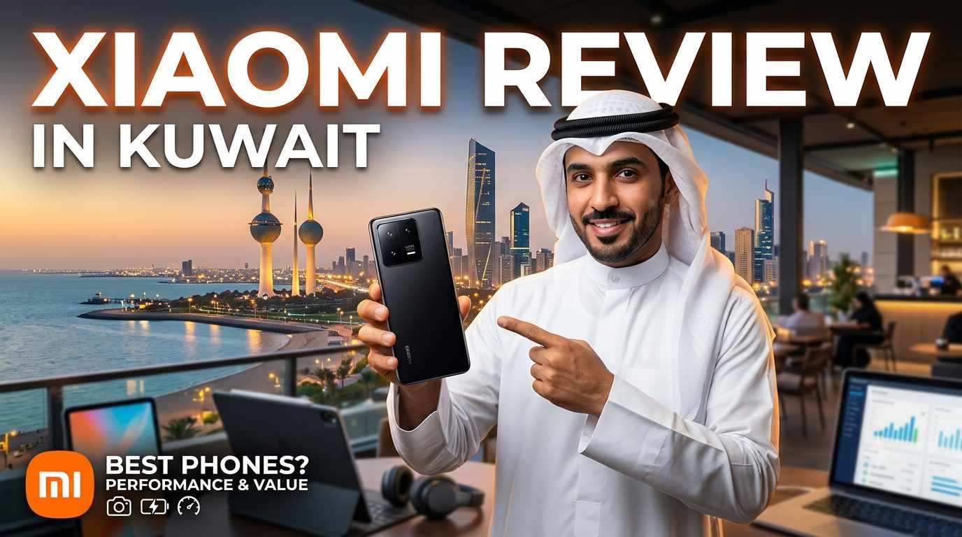 An Arab man holding a black smartphone on a balcony overlooking Kuwait City, featured in a Xiaomi Review in Kuwait banner