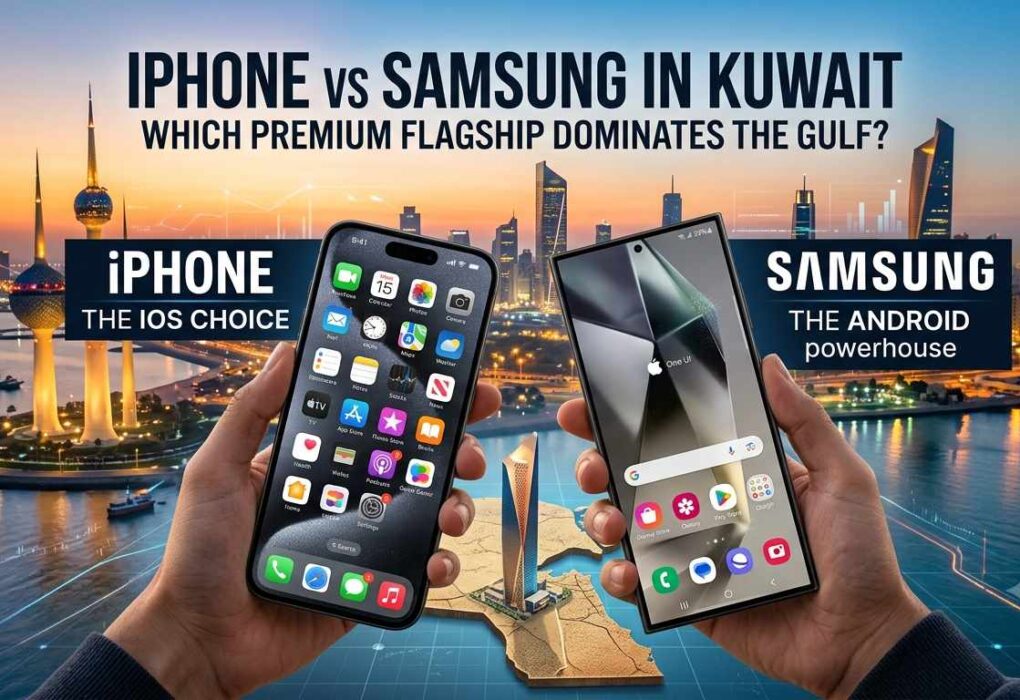 Hands holding an iPhone and a Samsung Galaxy smartphone side-by-side against the Kuwait City skyline with the text "iPhone vs Samsung in Kuwait: Which Premium Flagship Dominates the Gulf