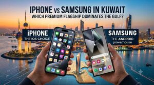 Hands holding an iPhone and a Samsung Galaxy smartphone side-by-side against the Kuwait City skyline with the text "iPhone vs Samsung in Kuwait: Which Premium Flagship Dominates the Gulf