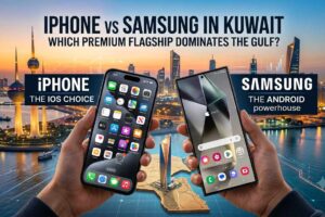 Hands holding an iPhone and a Samsung Galaxy smartphone side-by-side against the Kuwait City skyline with the text "iPhone vs Samsung in Kuwait: Which Premium Flagship Dominates the Gulf