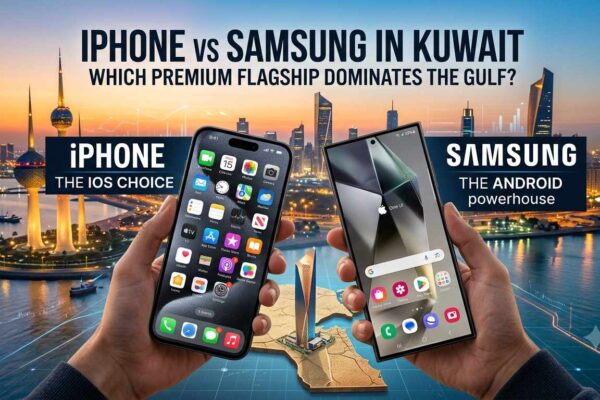 Hands holding an iPhone and a Samsung Galaxy smartphone side-by-side against the Kuwait City skyline with the text "iPhone vs Samsung in Kuwait: Which Premium Flagship Dominates the Gulf