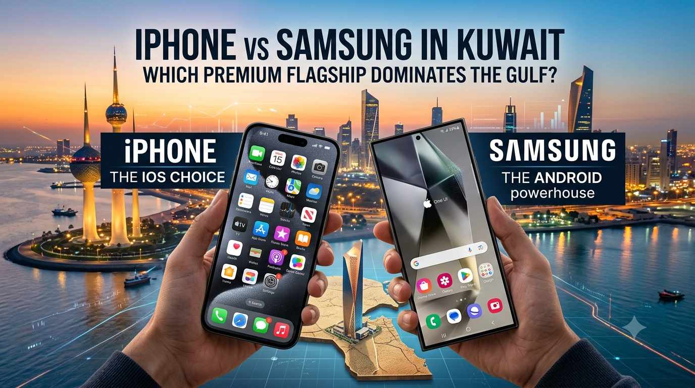 Hands holding an iPhone and a Samsung Galaxy smartphone side-by-side against the Kuwait City skyline with the text "iPhone vs Samsung in Kuwait: Which Premium Flagship Dominates the Gulf