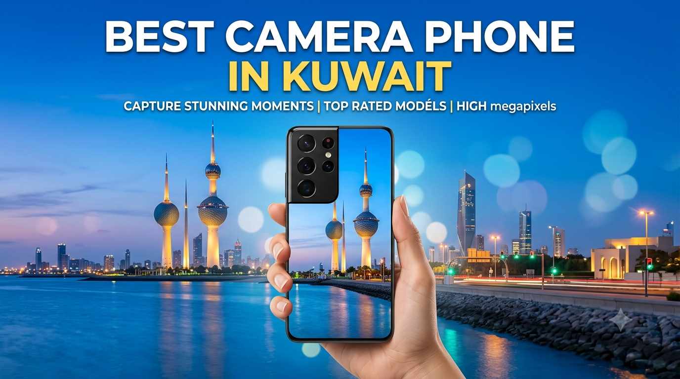 Hand holding a smartphone capturing a view of the Kuwait Towers and city skyline at sunset, with text reading BEST CAMERA PHONE IN KUWAIT