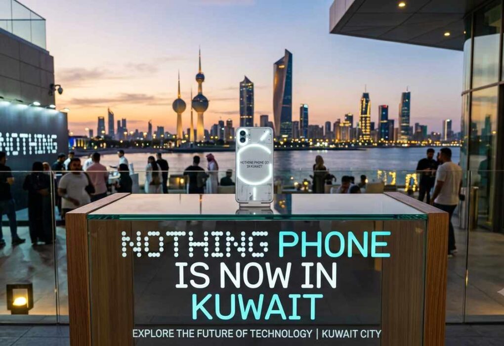 Nothing Phone displayed on a glass stand with illuminated Glyph interface, featuring the text "NOTHING PHONE IS NOW IN KUWAIT" in front of the Kuwait City skyline during sunset