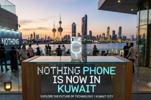 Nothing Phone displayed on a glass stand with illuminated Glyph interface, featuring the text "NOTHING PHONE IS NOW IN KUWAIT" in front of the Kuwait City skyline during sunset
