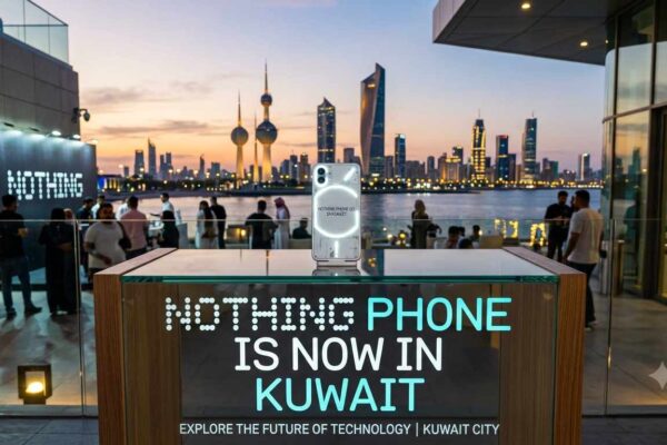 Nothing Phone displayed on a glass stand with illuminated Glyph interface, featuring the text "NOTHING PHONE IS NOW IN KUWAIT" in front of the Kuwait City skyline during sunset
