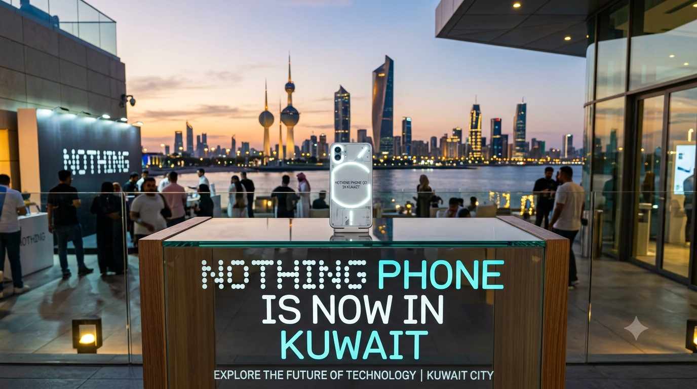 Nothing Phone displayed on a glass stand with illuminated Glyph interface, featuring the text "NOTHING PHONE IS NOW IN KUWAIT" in front of the Kuwait City skyline during sunset