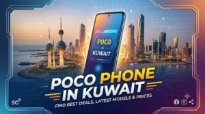 Promotional image for Poco Phone in Kuwait featuring a smartphone against the Kuwait City skyline with details on deals, latest models, and prices