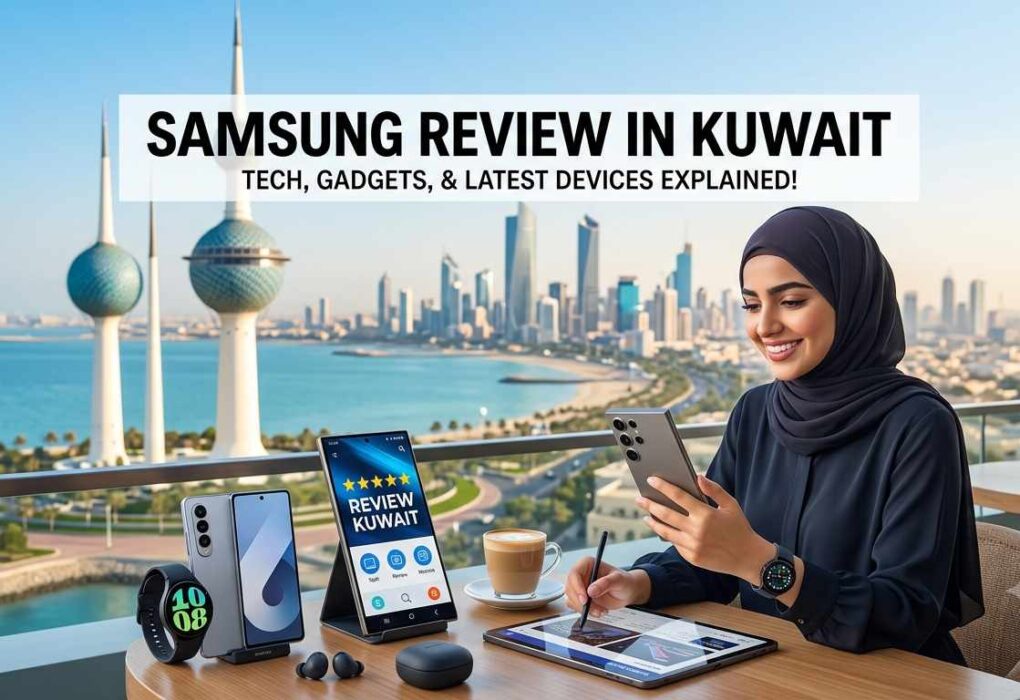 ​A woman in a hijab sitting at a cafe with Kuwait Towers in the background, using Samsung devices with a banner text Samsung Review in Kuwait