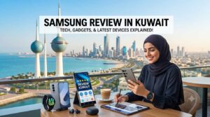 A woman in a hijab sitting at a cafe with Kuwait Towers in the background, using Samsung devices with a banner text Samsung Review in Kuwait