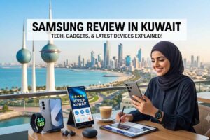 ​A woman in a hijab sitting at a cafe with Kuwait Towers in the background, using Samsung devices with a banner text Samsung Review in Kuwait