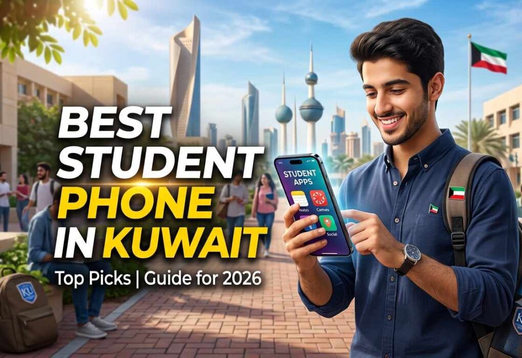 A male student using a smartphone on a Kuwait university campus, featuring bold text that reads Best Student Phone in Kuwait: Top Picks | Guide for 2026