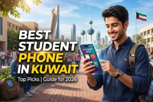 A male student using a smartphone on a Kuwait university campus, featuring bold text that reads Best Student Phone in Kuwait: Top Picks | Guide for 2026