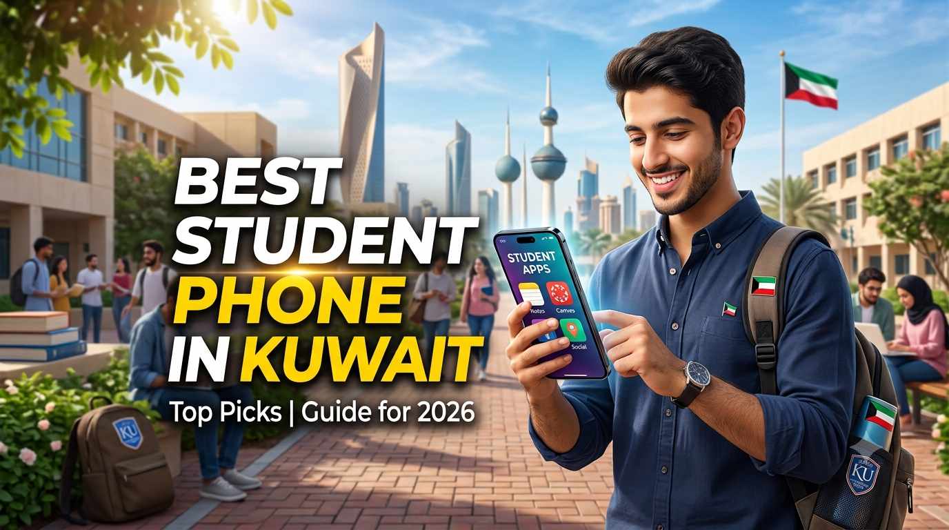 A male student using a smartphone on a Kuwait university campus, featuring bold text that reads Best Student Phone in Kuwait: Top Picks | Guide for 2026