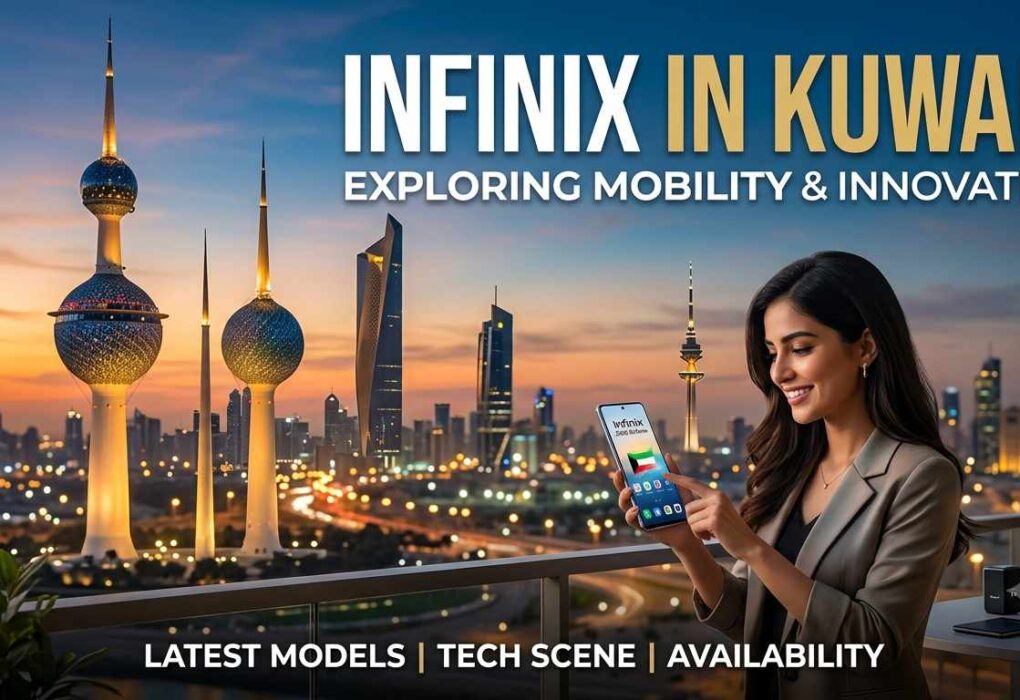 ​A woman holding a smartphone with the Kuwait Towers skyline at sunset, featuring the text "Infinix in Kuwait: Exploring Mobility & Innovation