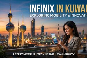 ​A woman holding a smartphone with the Kuwait Towers skyline at sunset, featuring the text "Infinix in Kuwait: Exploring Mobility & Innovation