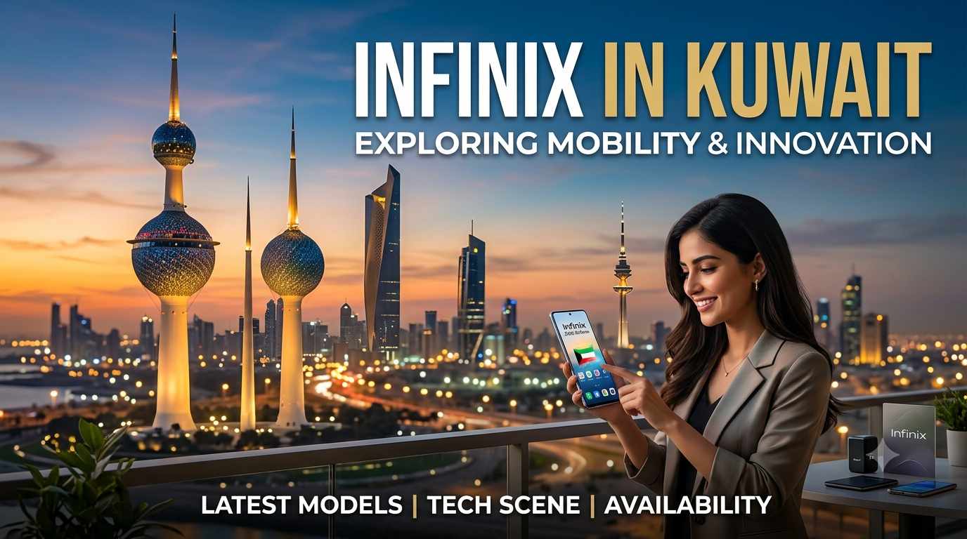 ​A woman holding a smartphone with the Kuwait Towers skyline at sunset, featuring the text "Infinix in Kuwait: Exploring Mobility & Innovation