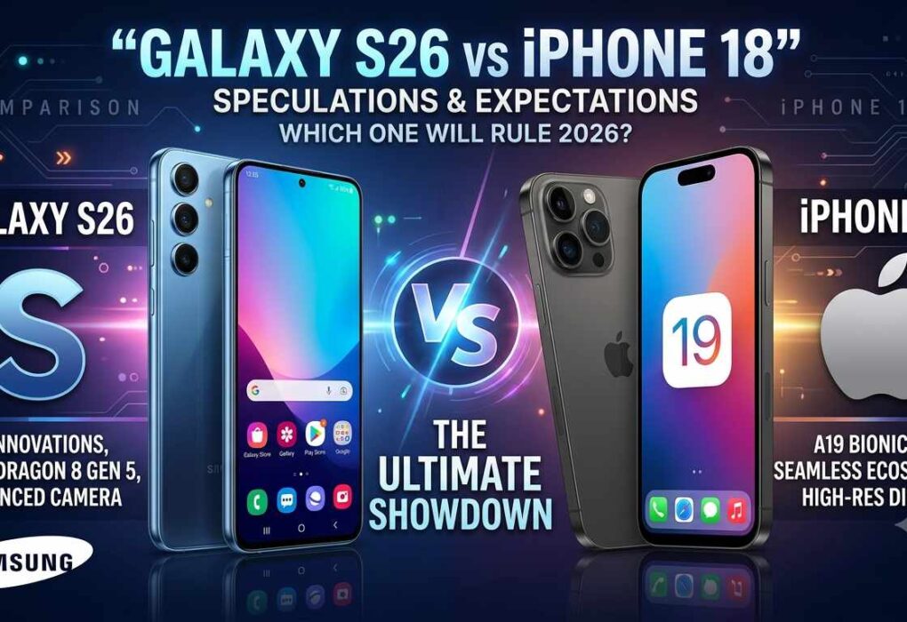A comparison graphic titled "Galaxy S26 vs iPhone 18" featuring both smartphones side by side with their key specs and a central "VS" glowing icon