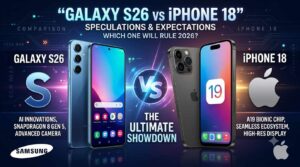 A comparison graphic titled  Galaxy S26 vs iPhone 18 featuring both smartphones side by side with their key specs and a central "VS" glowing icon