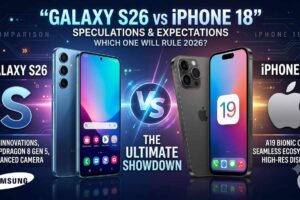 A comparison graphic titled "Galaxy S26 vs iPhone 18" featuring both smartphones side by side with their key specs and a central "VS" glowing icon