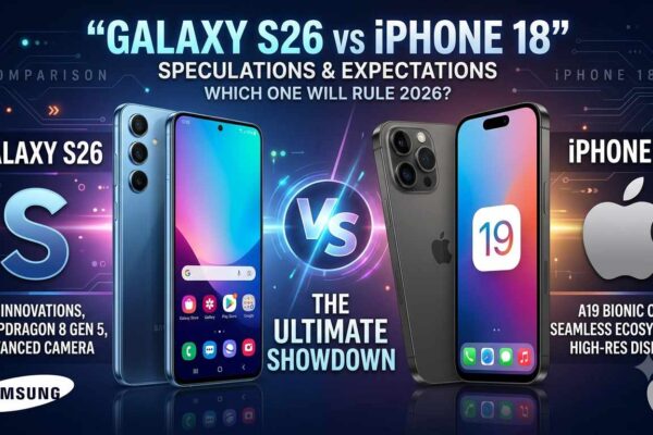 A comparison graphic titled "Galaxy S26 vs iPhone 18" featuring both smartphones side by side with their key specs and a central "VS" glowing icon