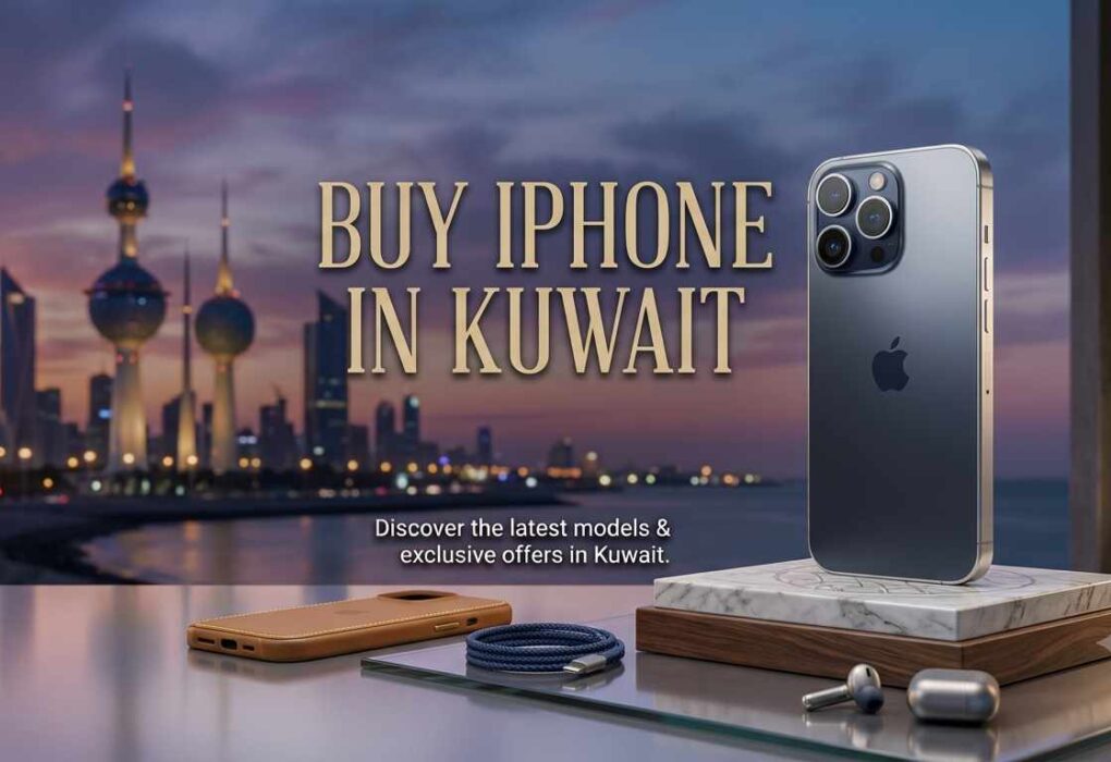 Buy iPhone in Kuwait banner advertisement showcasing the silver iPhone 15 Pro, leather case, charging cable, and AirPods, set against a stunning Kuwait city skyline at sunse
