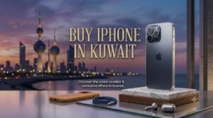 Buy iPhone in Kuwait banner advertisement showcasing the silver iPhone 15 Pro, leather case, charging cable, and AirPods, set against a stunning Kuwait city skyline at sunse