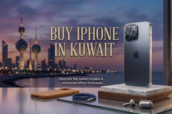 Buy iPhone in Kuwait banner advertisement showcasing the silver iPhone 15 Pro, leather case, charging cable, and AirPods, set against a stunning Kuwait city skyline at sunse