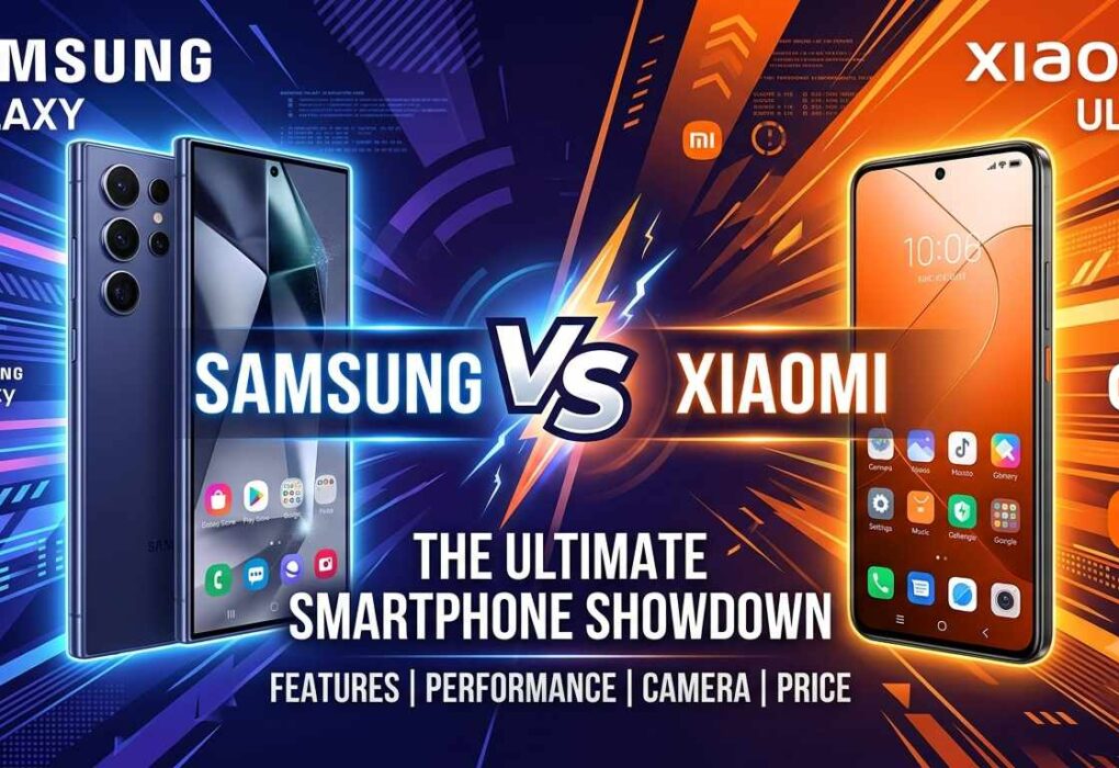 Samsung vs Xiaomi comparison graphic showing Samsung Galaxy on the left and Xiaomi Ultra on the right with "The Ultimate Smartphone Showdown" text