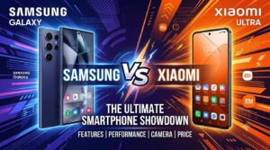 Samsung vs Xiaomi comparison graphic showing Samsung Galaxy on the left and Xiaomi Ultra on the right with "The Ultimate Smartphone Showdown" text