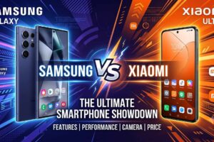 Samsung vs Xiaomi comparison graphic showing Samsung Galaxy on the left and Xiaomi Ultra on the right with "The Ultimate Smartphone Showdown" text