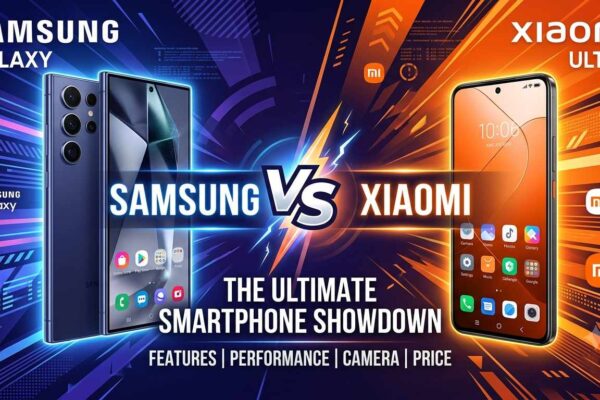 Samsung vs Xiaomi comparison graphic showing Samsung Galaxy on the left and Xiaomi Ultra on the right with "The Ultimate Smartphone Showdown" text