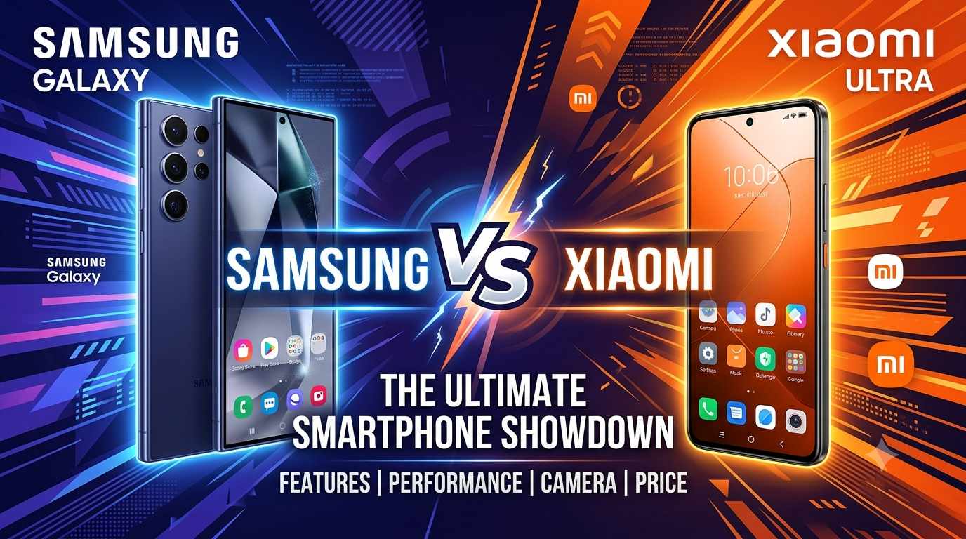 Samsung vs Xiaomi comparison graphic showing Samsung Galaxy on the left and Xiaomi Ultra on the right with "The Ultimate Smartphone Showdown" text