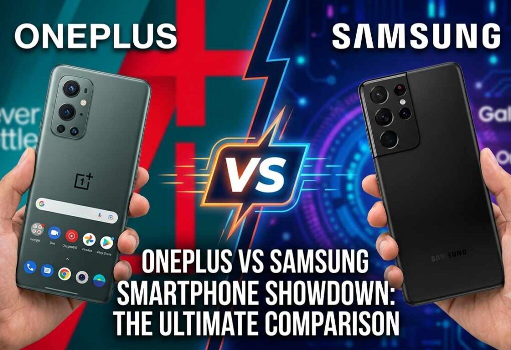 A side-by-side comparison of a OnePlus phone and a Samsung Galaxy phone with a lightning bolt VS graphic, featuring the text OnePlus vs Samsung Smartphone Showdown