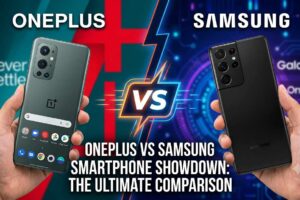 A side-by-side comparison of a OnePlus phone and a Samsung Galaxy phone with a lightning bolt VS graphic, featuring the text OnePlus vs Samsung Smartphone Showdown