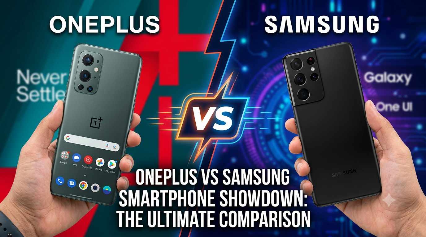 A side-by-side comparison of a OnePlus phone and a Samsung Galaxy phone with a lightning bolt VS graphic, featuring the text OnePlus vs Samsung Smartphone Showdown