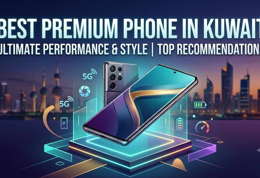 Best Premium Phone in Kuwait banner highlighting ultimate performance, style, 5G connectivity, and top recommendations against the Kuwait city skyline