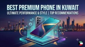 Best Premium Phone in Kuwait banner highlighting ultimate performance, style, 5G connectivity, and top recommendations against the Kuwait city skyline