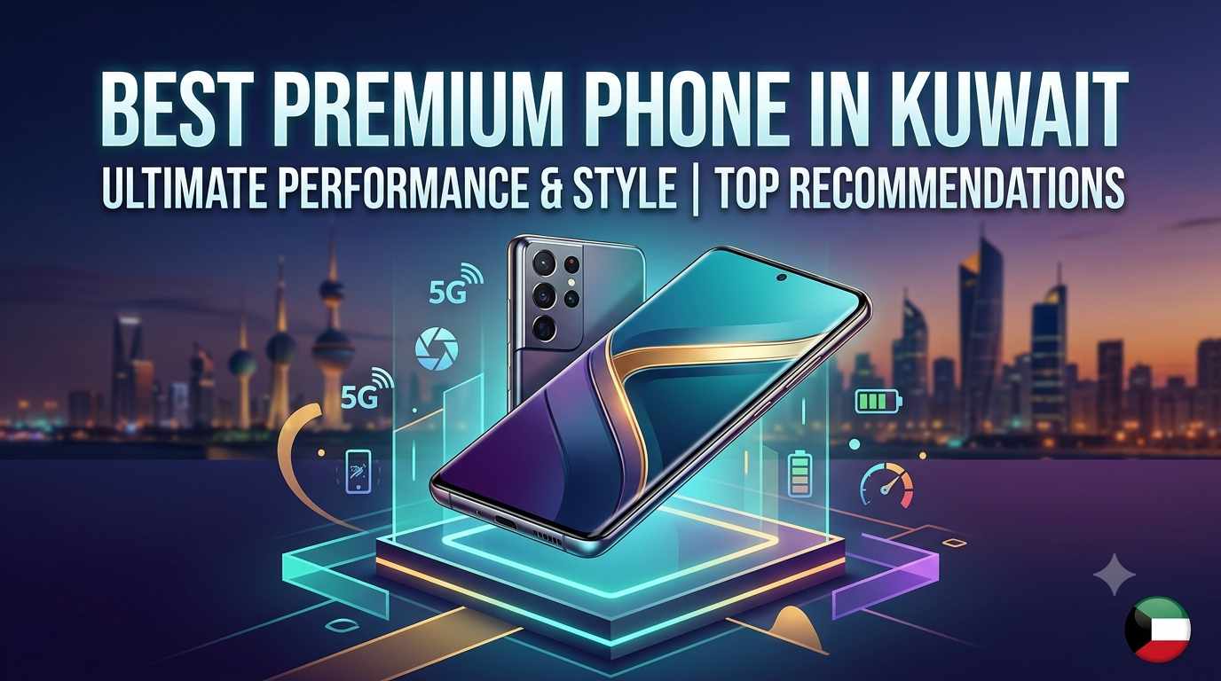 Best Premium Phone in Kuwait banner highlighting ultimate performance, style, 5G connectivity, and top recommendations against the Kuwait city skyline