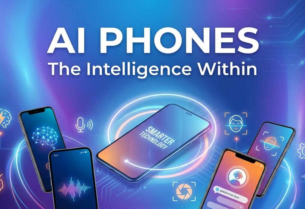 Promotional graphic featuring AI Phones with the text 'AI PHONES: The Intelligence Within' surrounded by smartphones highlighting smart technology features