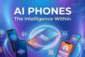 Promotional graphic featuring AI Phones with the text 'AI PHONES: The Intelligence Within' surrounded by smartphones highlighting smart technology features