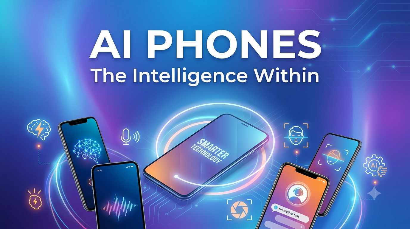 Promotional graphic featuring AI Phones with the text 'AI PHONES: The Intelligence Within' surrounded by smartphones highlighting smart technology features