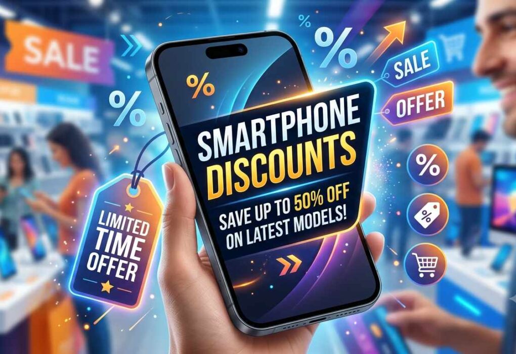 A close-up view of a hand holding a modern smartphone inside a bustling electronics store, displaying a large banner that highlights Smartphone Discounts with up to 50% off on latest models amidst glowing sale tags and percentage symbols