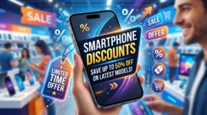 A close-up view of a hand holding a modern smartphone inside a bustling electronics store, displaying a large banner that highlights Smartphone Discounts with up to 50% off on latest models amidst glowing sale tags and percentage symbols